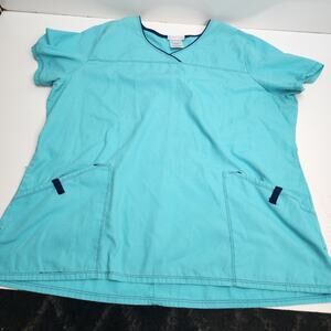 Scrub Star Aqua & Navy Blue V-Neck Short Sleeve Scrub Top Women's Size L